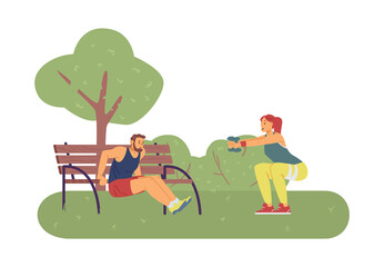 Fototapeta premium Athletic couple training outdoors or in park flat vector illustration isolated.