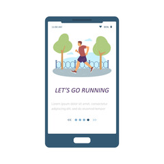 Sport running app onboarding page with training man, flat vector illustration.