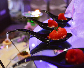 luxury wedding rom banquet sit down buffet party dining catering with flower decoration fusion halal menu at beautiful hotel restaurant vip ballroom