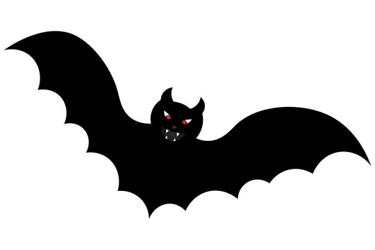 Bat. Silhouette. Terrible toothy. Glowing eyes. Vector illustration. Isolated white background. Flat style. Halloween symbol. Vampire animal. A blood-sucking mammal. All Saints Day. 