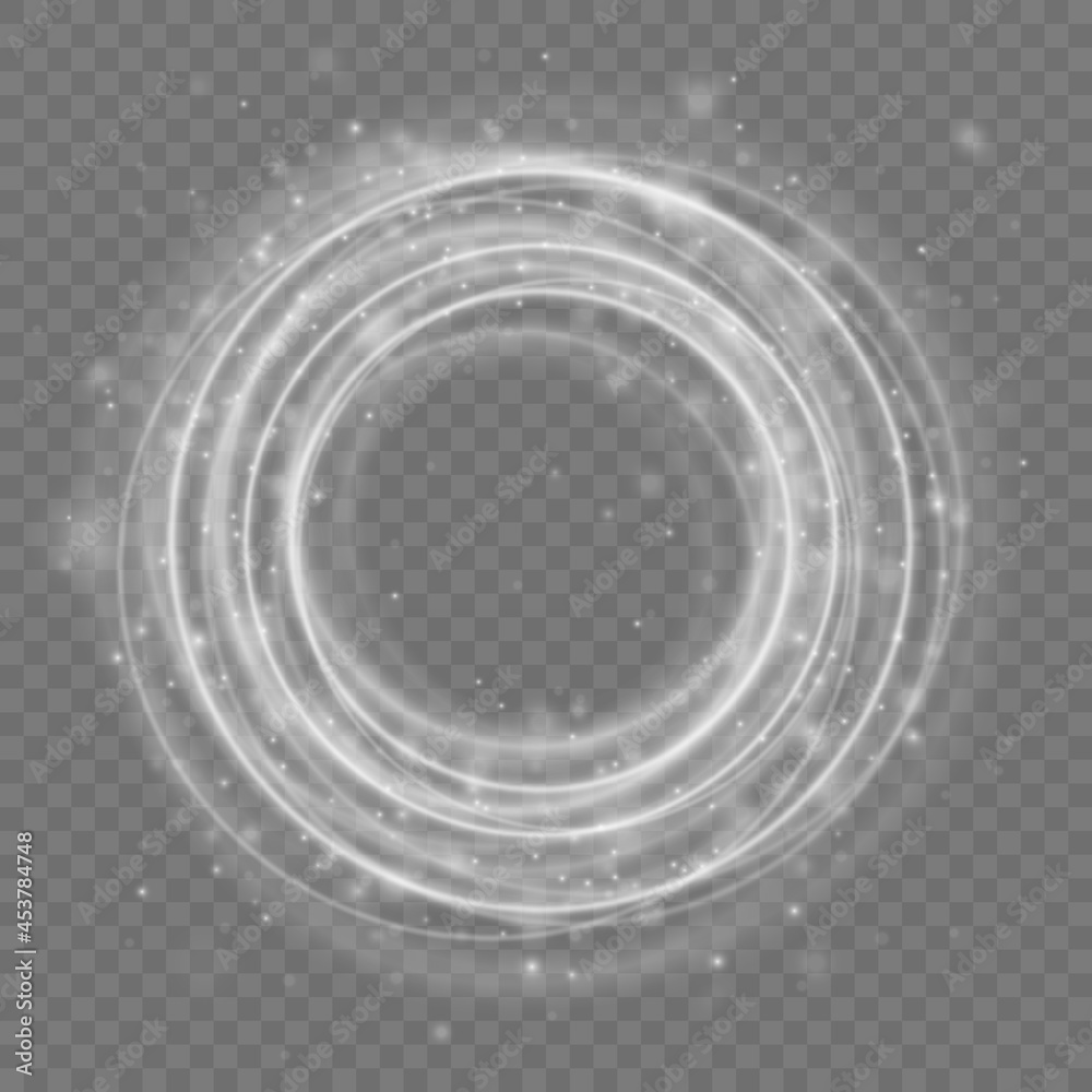 Poster Motion circle light wave. Glowing round swirl lines with glitter particles. Glitter sparkle swirl trail effect. Sparkling magic white fire circle ring footprint. Bokeh effect. Smoke flow. Vector.