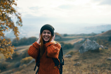 woman hiker mountains walk backpack travel adventure