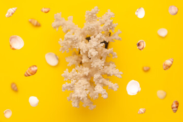 Levitation from above of sea shells of white and brown colors and coral pattern on vibrant yellow background. Holidays travel and vacation concept with copy space