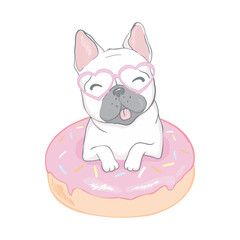 Cute bulldog and a donut on an isolated white background.