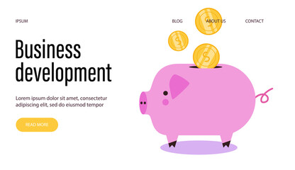 Business development web banner with piggy bank cartoon vector illustration.