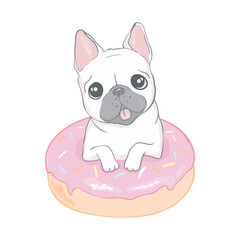 Cute bulldog and a donut on an isolated white background.