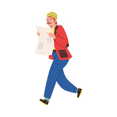 Man reading a newspaper on the run, flat cartoon vector illustration isolated.