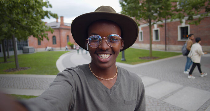Pov Shot Of Afro-american Man Hipster Taking Selfie Portrait In European City