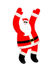 Cheerful dancing santa claus in black glasses. Amazing funny character for New Year card, banner or poster. Happy New Year and Merry Christmas.