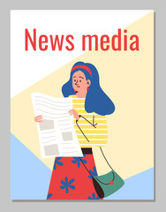News media banner with woman reading newspaper, flat vector illustration.
