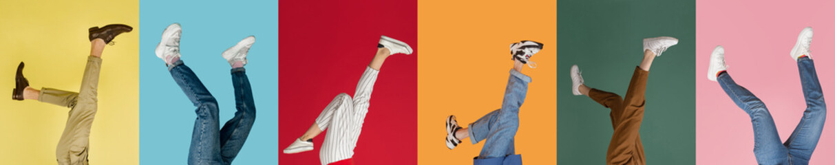 Collage with female and male legs in colored sneakers, trainers isolated over bright multicolored background.