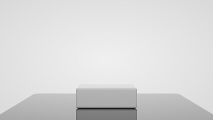 3D white square podium for packaging presentation. Product display with white plastic textures, glassy floor and white background. 3d illustration