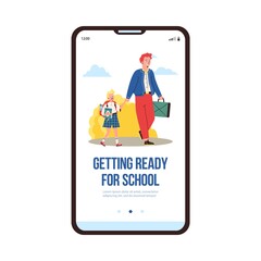 Banner with parents escorting their children to school, flat cartoon vector illustration. Kids going to school accompanying by their mothers and fathers