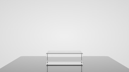 3D glassy podium for packaging presentation. Product display with white plastic textures and white background. 3d illustration