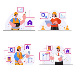 Construction engineer concept scenes set. People in helmets develop house plan, drawing blueprint, design building, work on construction site. Vector illustration collection in trendy flat design
