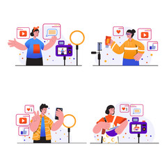 Video blogging concept scenes set. People create videos using cameras or smartphones, record tutorials or stream at blogs, bloggers make content. Vector illustration collection in trendy flat design