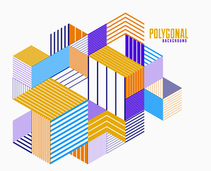 3D cubes and triangles lined stripy abstract vector background with retro style element isolated and easy to use or edit. Template for poster or banner, cover or ad.