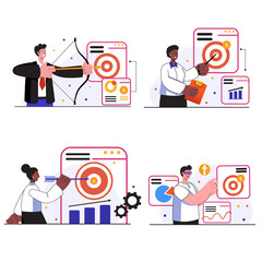 Business target concept scenes set. Businessman or businesswoman sets goals, achieves success, increases company income, growth and development. Vector illustration collection in trendy flat design