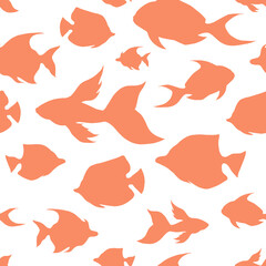 Orange tropical fishes silhouette seamless pattern. Exotic ocean surface pattern design. Marine animals contour endless texture. School of fish boundless background. Cute sea life editable tile.