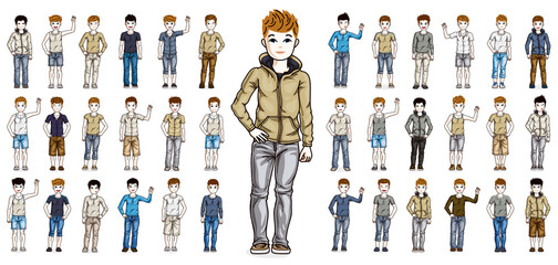 Little early teen boys children happy and cute standing in full body length isolated over white vector illustrations big set, beautiful little kids diversity big collection of character drawings.