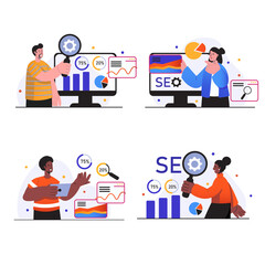 Seo analysis concept scenes set. People research and analyze site data, optimize search results, promote sites, develop successful online strategy. Vector illustration collection in trendy flat design