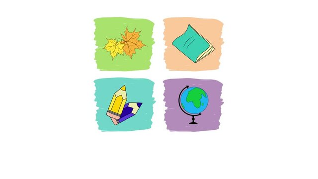 Footage animated cartoon illustration of school icons tumbling on white background. Back to school concept. Globe students workbook pencils maple leaves