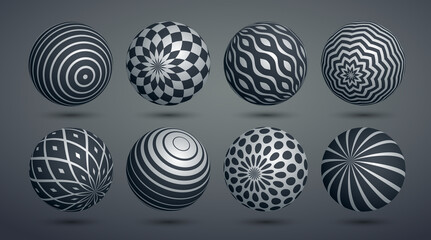 Realistic decorated spheres vector illustrations set, abstract beautiful balls with patterns, 3D globes design concept collection.