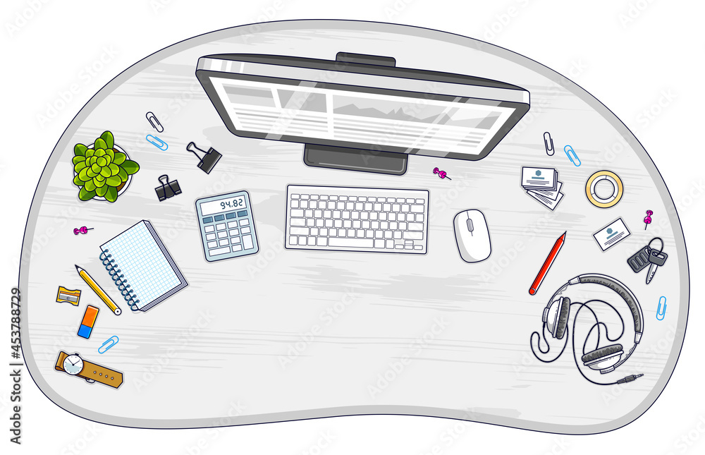 Fototapete Work desk workspace top view with PC computer and a lot of different stationery objects on table with copy space for text. All elements are easy to use separately or recompose illustration. Vector.