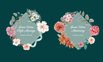 wreath design with green wine wedding concept,watercolor style