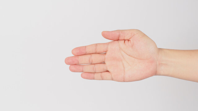 Go in This Direction hand sign isolated on white background. (BY held flat and the palm facing the side point at a specific direction using all five fingers.)