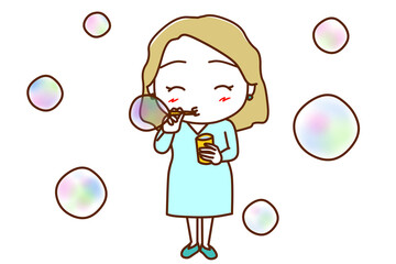 ＜全身・正面＞笑顔でシャボン玉を楽しむ白人女性