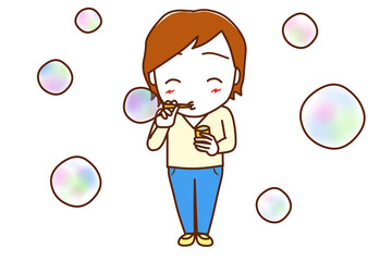 ＜全身・正面＞笑顔でシャボン玉を楽しむ白人男性