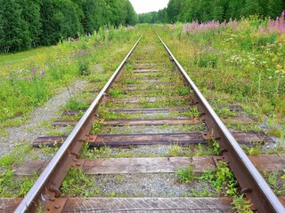 Old abandoned railway in green field