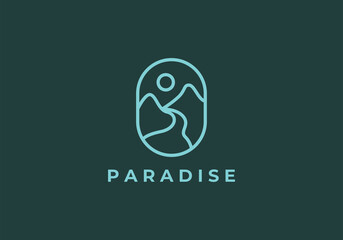 Emblem mountain and river landscape adventure logo icon vector template with linear line art style.
