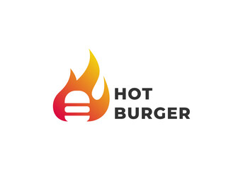 hot fire flame burger logo, spicy food hamburger template vector emblem.