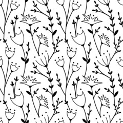 Floral seamless pattern line transparent flowers cartoon style on white background