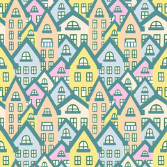 House seamless pattern cartoon city buildings cute illustrations