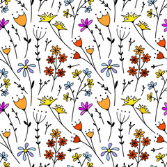 Fototapeta premium Floral seamless pattern flowers cartoon style on white background