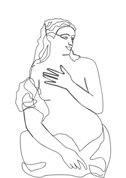  A girl in the Renaissance style stands with her hand on her chest. One Line Art. On the white background.