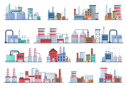 Set of factory industry buildings, flat icons.