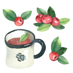 Watercolor set of mug of tea and berries