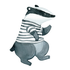 Watercolor Badger in a striped t-shirt - 453791742