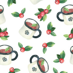 Watercolor seamless pattern of mug of tea and berries on white background
