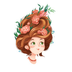 Graphic illustration. Portrait of young women with high hairstyle with flowers. - 453791782