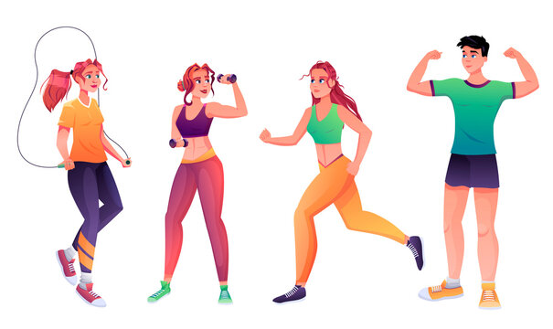 Sportsman and sportswomen are doing exercise jumping with skipping rope and warm up with dumbbells. Image isolated on white background. Concept of sport nad healthcare. Vector graphic illustration