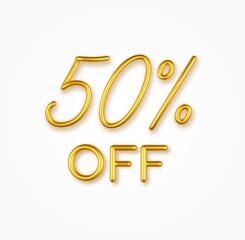 50 percent off golden realistic text on a light background.