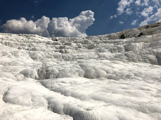 Travertines in Pamukkale, known as Cotton Castle, Pamukkale Natural White Travertines with its white texture, unesco Turkey.