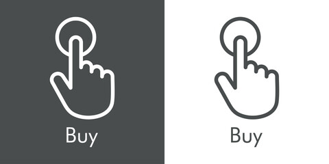 Comercio electrónico. Logotipo con texto Buy y silueta de mano y botón con lineas en fondo gris y fondo blanco © teracreonte