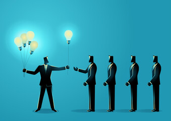 Businessman sharing knowledge to another businessmen symbolize by light bulb balloons