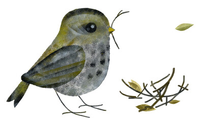 A bird with a twig builds a house.